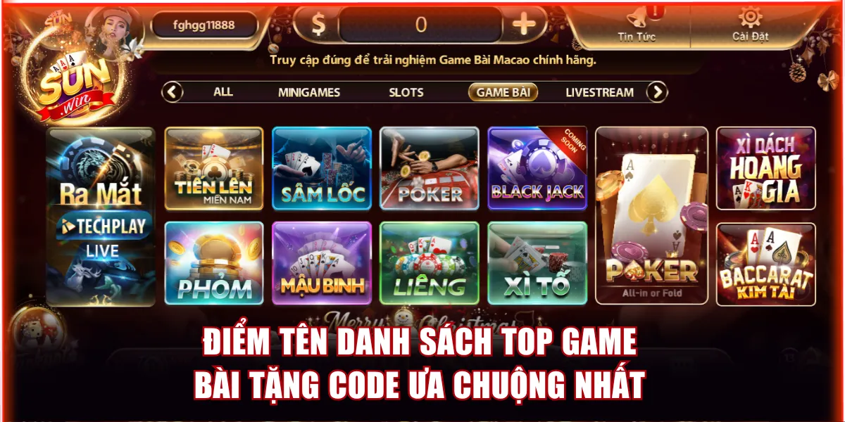 Điểm tên danh sách top game bài tặng code ưa chuộng nhất